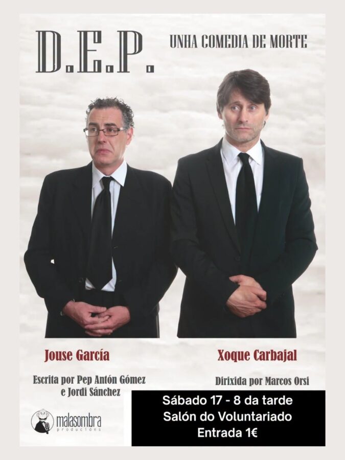 Cartel de la comedia D.E.P. de Malasombra en Muxía, sábado 17 de octubre de 2026