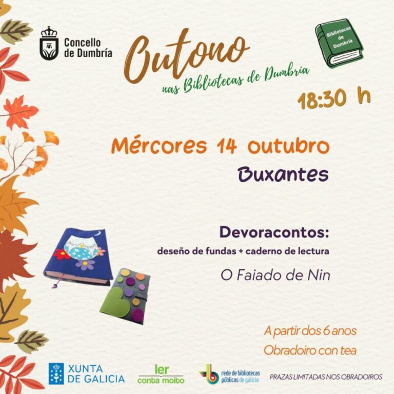 Cartel de Outono nas Bibliotecas de Dumbría: Devoracontos, 14 de outubro ás 18:30 en Buxantes.