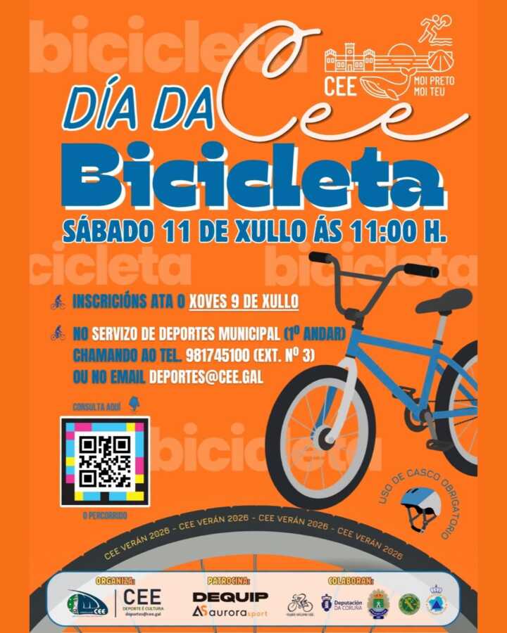 Cartel del Día da Bicicleta de Cee 2026 con información de inscripción, horario y uso obligatorio de casco