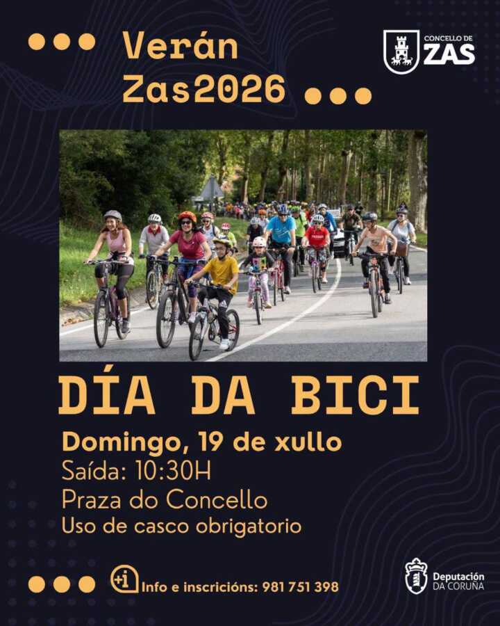 Cartel del Día da Bici de Verán Zas 2026, con salida el 19 de julio a las 10:30 h desde la Praza do Concello de Zas.