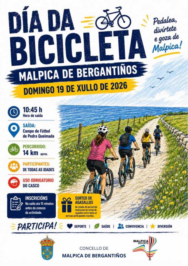 Cartel del Día da Bicicleta en Malpica de Bergantiños, el domingo 19 de julio de 2026, con salida desde el Campo de Fútbol de Pedra Queimada.