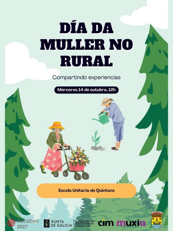 Cartel do Día da Muller no Rural en Muxía: encontro o 14 de outubro de 2026 ás 12:00 na Escola Unitaria de Quintáns.