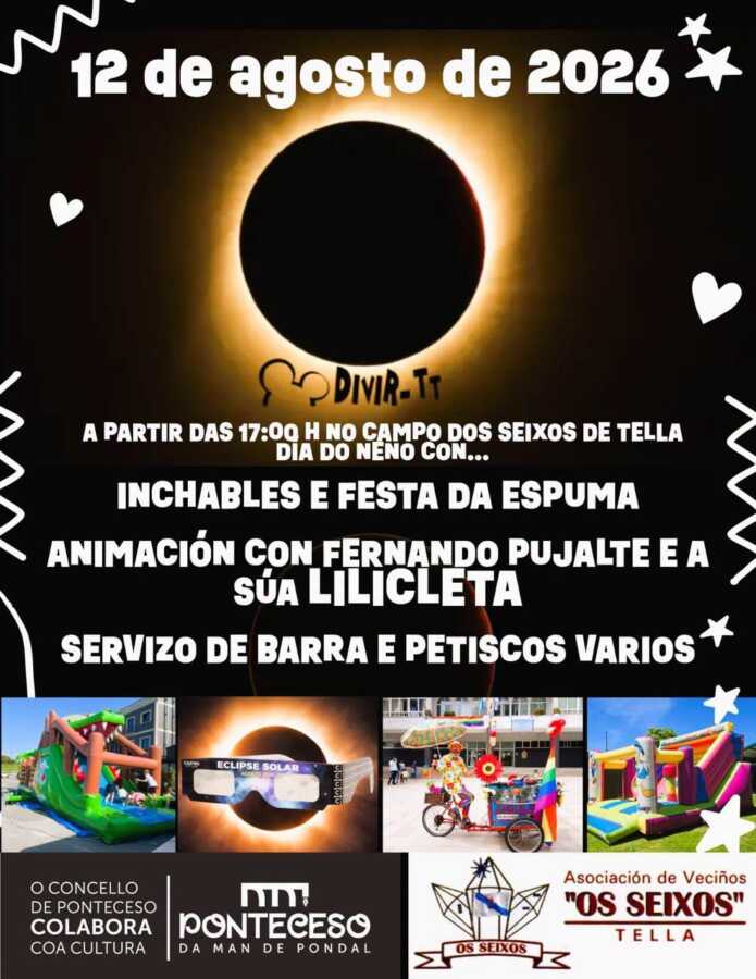Cartel del Día del Niño en el Campo dos Seixos de Tella, con hinchables, fiesta de la espuma y animación el 12 de agosto de 2026