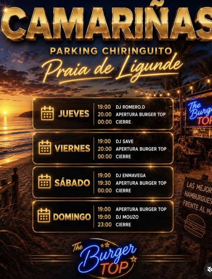 Cartel de sesiones con DJ y hamburguesas en el parking del chiringuito de la Praia de Lingunde, Camariñas