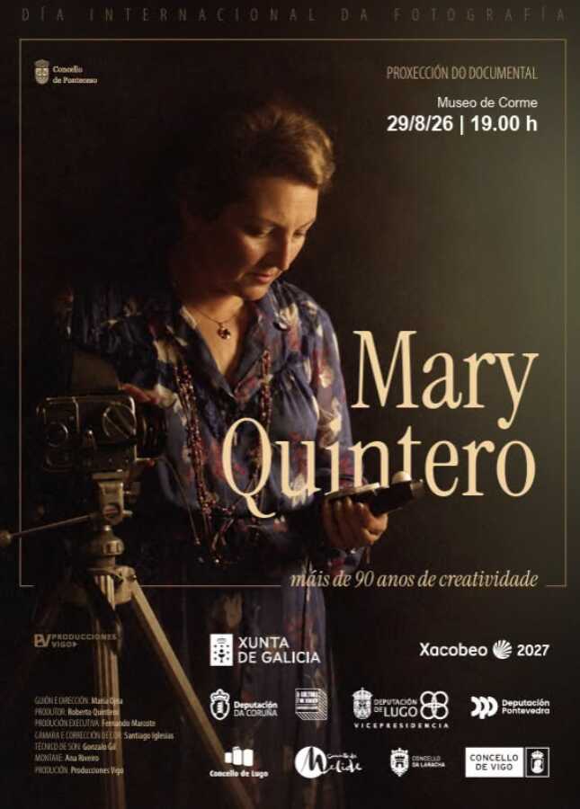 Cartel de la proyección del documental “Mary Quintero, máis de 90 anos de creatividade” en el Museo de Corme, el 29 de agosto de 2026