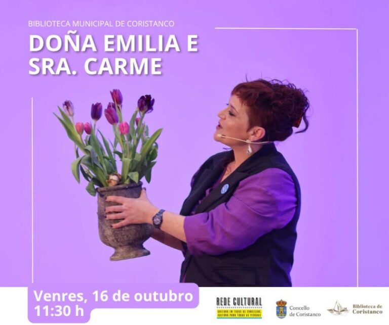 Cartel do espectáculo de narración oral Dona Emilia e Sra. Carmen con Cris de Caldas en Coristanco o 16 de outubro de 2026.