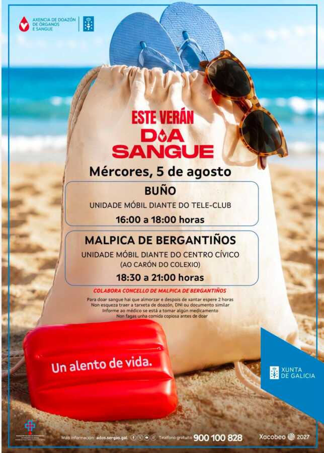Cartel de la campaña de donación de sangre del 5 de agosto de 2026 en Buño y Malpica de Bergantiños