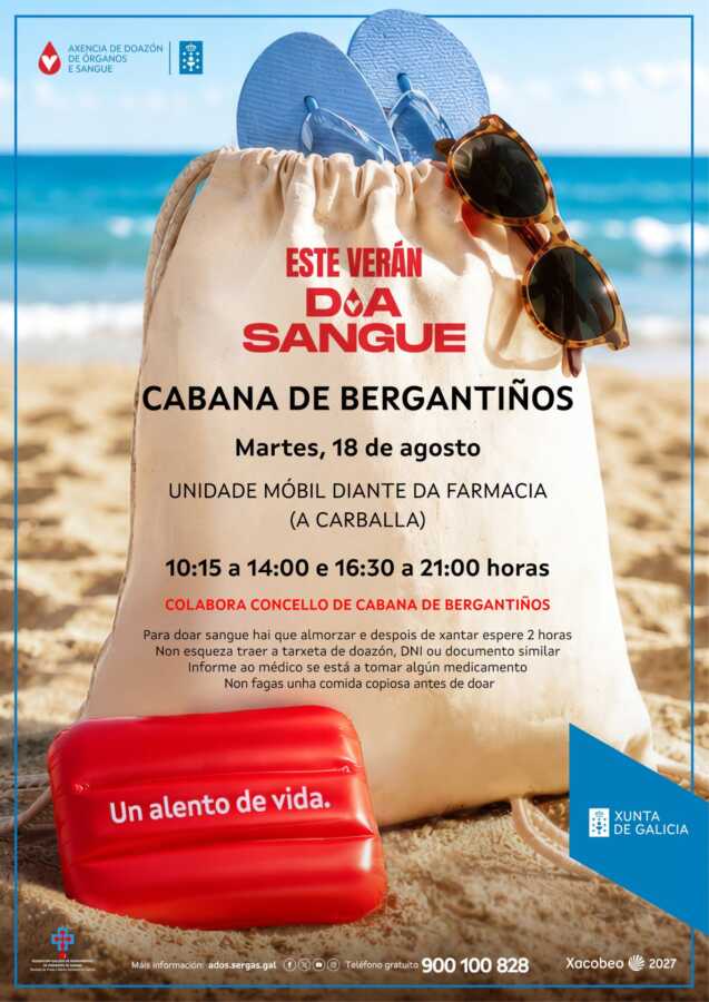 Cartel de la campaña de donación de sangre en Cabana de Bergantiños el 18 de agosto de 2026, junto a la farmacia de A Carballa