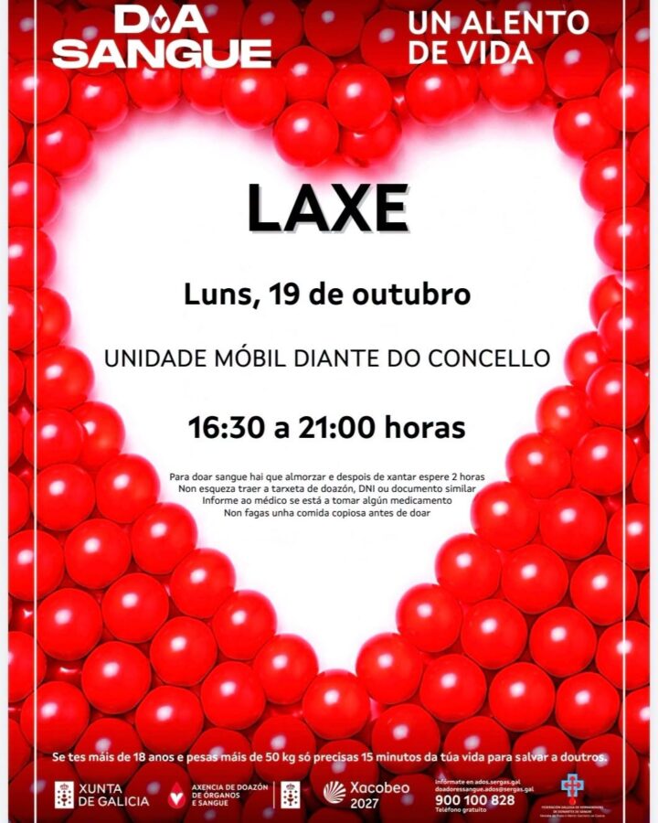 Cartel de doazón de sangue en Laxe o 19 de outubro de 2026, de 16:30 a 21:00 horas diante da Casa do Concello