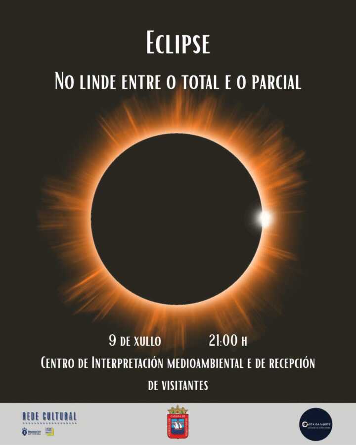 Cartel de la charla divulgativa Eclipse: no linde entre o total e o parcial, el 9 de julio de 2026 a las 21:00 h en Cabana de Bergantiños.