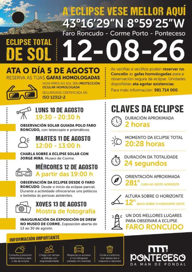 Cartel de la programación del eclipse solar total de agosto de 2026 en Faro Roncudo, Corme-Porto, Ponteceso