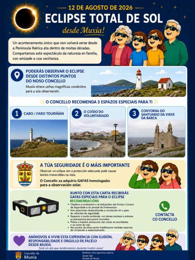 Cartel informativo do eclipse total de sol do 12 de agosto de 2026 en Muxía