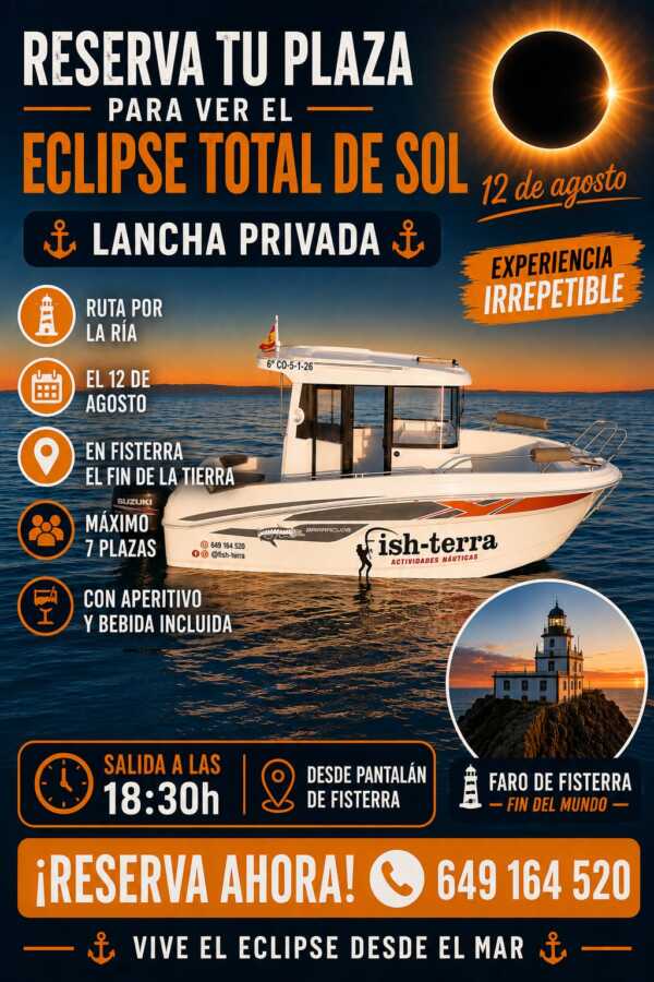 Cartel de la salida en lancha privada para ver el eclipse total de sol desde Fisterra