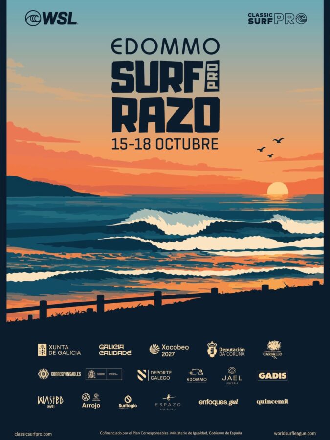 Cartel EDOMMO Surf Pro Razo 2026, prueba WSL QS 2000 del 15 al 18 de octubre en Razo, Carballo