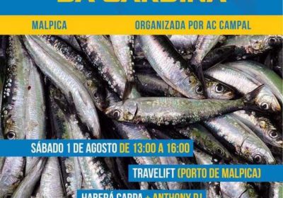Cartel de la 2ª Festa Gastronómica da Sardiña 2026 en Malpica, en el Travelift del puerto