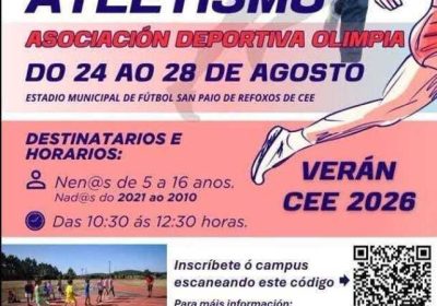 Cartel del 3º Campus de Atletismo de Verán 2026 de la Asociación Deportiva Olimpia en Cee, del 24 al 28 de agosto