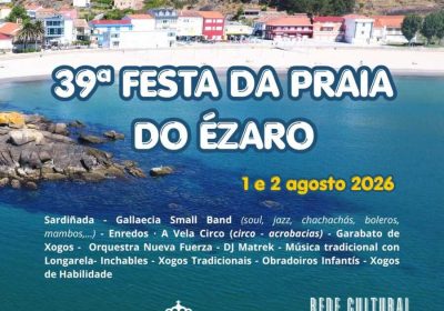 Cartel de la 39ª Festa da Praia do Ézaro, celebrada los días 1 y 2 de agosto de 2026