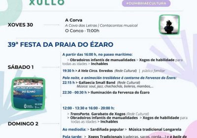 Cartel de la programación de verano de Dumbría con A Corva el 30 de julio y la 39ª Festa da Praia do Ézaro los días 1 y 2 de agosto de 2026
