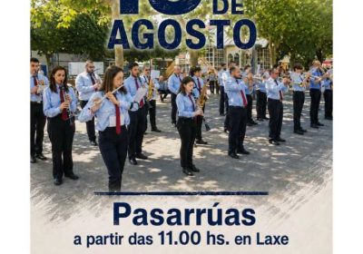 Cartel del pasarrúas en Laxe del sábado 15 de agosto a partir de las 11:00 horas