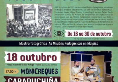 Cartel do 93 aniversario das Misións Pedagóxicas en Malpica: exposición do 16 ao 30 de outubro, monicreques e magosto o domingo 18 de outubro de 2026