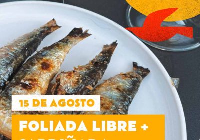 Cartel foliada libre o 15 de agosto de 2025 no camping lago mar de muxía