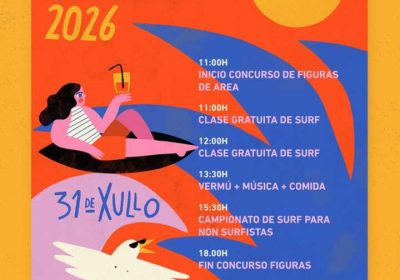 Cartel de A Onda de Nemiña 2026 en la playa de Nemiña, Muxía