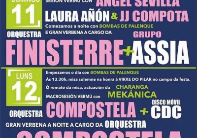 Cartel das festas da Pilarica en Carballo 2026 con orquestras Finisterre, Assia e Compostela