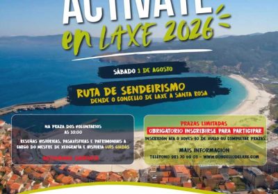 Cartel de Actívate en Laxe 2026 con una ruta de senderismo desde el Concello de Laxe hasta Santa Rosa el 1 de agosto