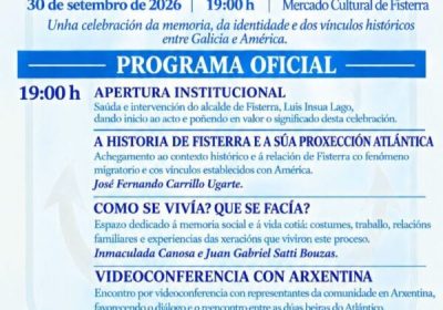 Cartel del acto centenario de la Asociación de Finisterre en América, 30 de septiembre de 2026 en el Mercado Cultural de Fisterra.