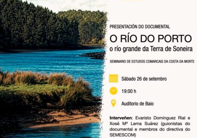 Cartel de la primera sesión del ciclo Afiando Fouciños en Baio, dedicada al documental O río do Porto