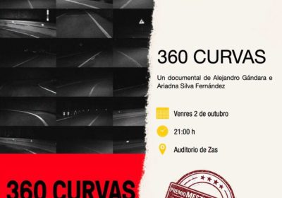 Cartel de la segunda sesión del ciclo Afiando Fouciños con la proyección del documental 360 Curvas en el Auditorio de Zas