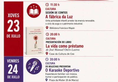 Cartel de la agenda cultural semanal de Cee, del 23 al 26 de julio de 2026, con cuentacuentos, presentación literaria, espectáculo familiar y danza tradicional