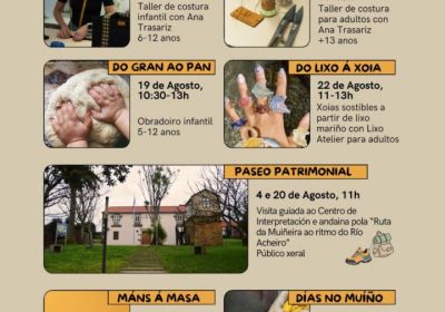 Cartel de la programación Agosto no Muíño en el Centro de Interpretación dos Muíños de Auga da Costa da Morte de Golmar