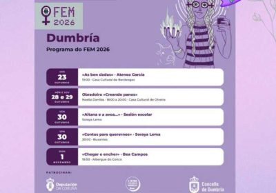 Cartel del Festival Escena Muller 2026 que anuncia Aitana e a avoa, sesión escolar de Soraya Lema el 30 de octubre.