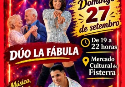Cartel del Baile social Ao son da vida con Dúo La Fábula en el Mercado Cultural de Fisterra, domingo 27 de septiembre de 2026