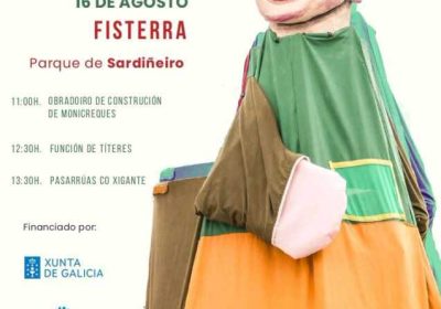 Cartel de Barriga Verde no Camiño en Sardiñeiro, Fisterra, o 16 de agosto, con obradoiro de monicreques, función de títeres e pasarrúas co Xigante.