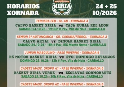 Calendario de seis partidos de Escola Basket Xiria el 24 y 25 de octubre de 2026 en Carballo y Cambre