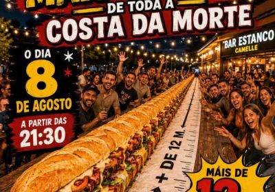 Cartel del bocadillo más grande de la Costa da Morte en el Bar Estanco de Camelle, el 8 de agosto de 2026