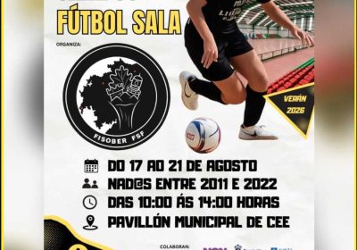 Cartel del Campus Fisober FSF de fútbol sala 2026, del 17 al 21 de agosto en el Pabellón Municipal de Cee.