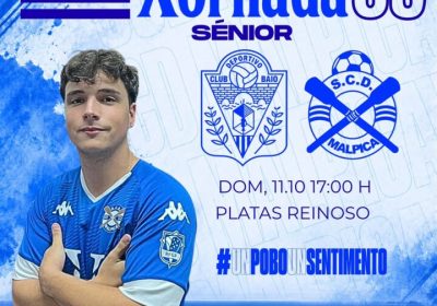 Cartel del partido CD Baio - SCD Malpica, jornada 5 de la Liga da Costa, el 11 de octubre a las 17:00 en el Campo Platas Reinoso de Baio.