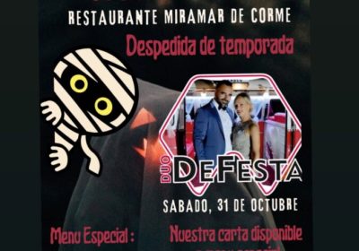 Cena-baile de Halloween en el Restaurante Miramar de Corme el 31 de octubre de 2026, con música del Dúo de Festa y menú especial de 35 €.