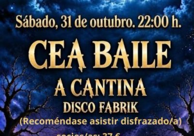Cartel do Samaín 2026 de Fisterra, cea baile do 31 de outubro ás 22:00 h.