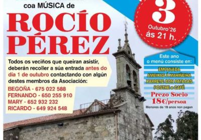 Cartel da tradicional Cea do Socio da A.A.V.V. San Estevo de Anos, o 3 de outubro de 2026 ás 21:00 no Local Social, con cea-baile amenizada por Rocío Pérez.