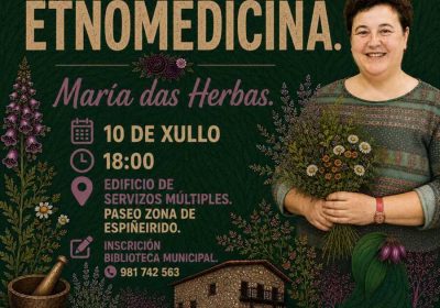 Cartel de la charla-paseo Etnomedicina con María das Herbas en Muxía, el 10 de julio de 2026
