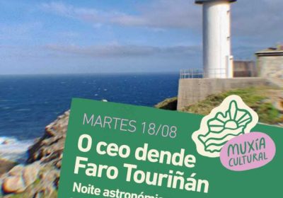 Cartel da noite astronómica O ceo dende Faro Touriñán con Jorge Mira, o 18 de agosto de 2026 en Muxía