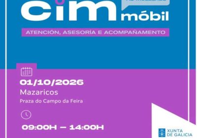 Cartel do CIM móbil en Mazaricos o 1 de outubro de 2026, de 09:00 a 14:00, na Praza do Campo da Feira.