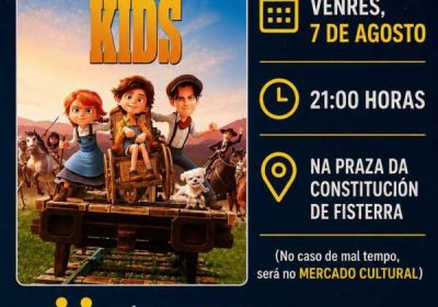 Cartel de la proyección de Buffalo Kids dentro del ciclo Cine na Rúa, el 7 de agosto a las 21:00 horas en la Praza da Constitución de Fisterra.