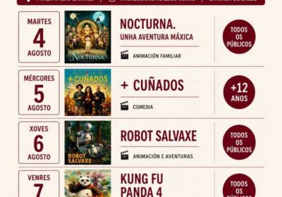 Cartel de Cine na Rúa Verán 2026 en Cee, con proyecciones del 4 al 7 de agosto