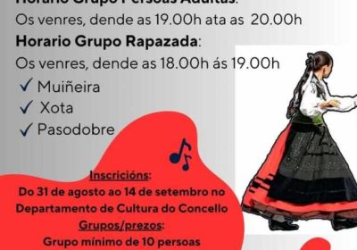 Cartel de las clases de baile tradicional gallego en la Escola Municipal de Música de Carnota