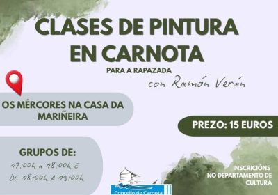 Cartel das clases de pintura para a rapazada en Carnota, os mércores na Casa da Mariñeira